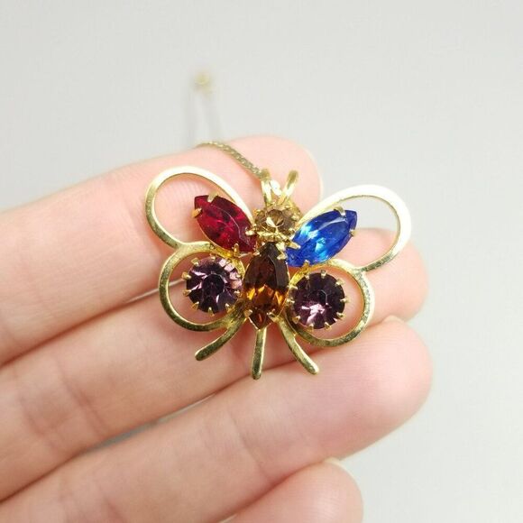 Vintage Colorful Rhinestone Butterfly Pendant Necklace, Gold Tone Setting, Estat - Picture 8 of 8
